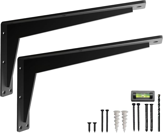 2 Pack Heavy Duty Shelf Brackets 16 Inch Mantel Decorative L Bracket for Shelves, Metal Shelf Support Bracket, Wall Mounted Granite Countertop Iron Corbels, Floating Black Shelving Brackets