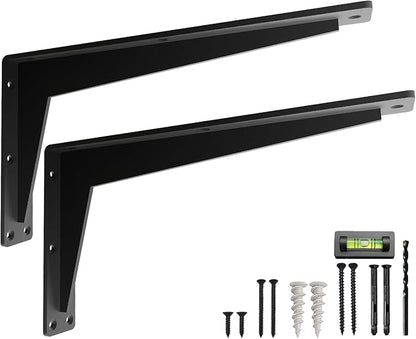 2 Pack Heavy Duty Shelf Brackets 16 Inch Mantel Decorative L Bracket for Shelves, Metal Shelf Support Bracket, Wall Mounted Granite Countertop Iron Corbels, Floating Black Shelving Brackets