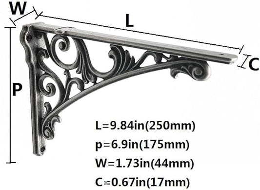 Decorative Shelf Bracket 10 inch, Rustic Antique Silver Brackets for Shelving, Heavy Duty Vintage, DIY Projects, Hardware Included, 4 Pack,9.84x7x1.73 inch,Baroque Style