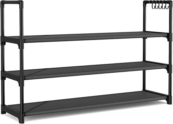 Shoe Rack for Closet Shoe Organizer Space Saver Storage for 12-15 Pair Shoe Shelf with Hook Free Standing 3 Tier Shoe Rack Organizer for Entryway, Small Spaces, Black