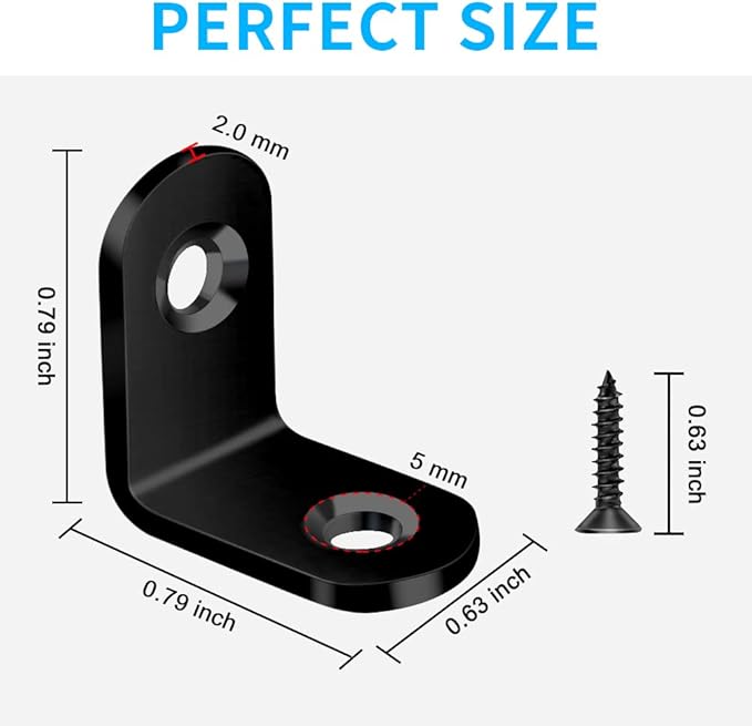 40PCS L Brace, Black Small L Brackets for Wood, Stainless Steel Corner Brace, Metal Right Angle Bracket for Furniture - 80PCS Screws (0.79 x 0.79 inch)