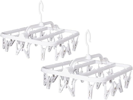 Foldable Plastic Hangers with 26 Drying Clips, Underwear Hanger with Clips, Plastic Laundry Clip and Drip Drying Hanger for Socks, Bras, Lingerie, Clothes, Sturdy, White, 2pc