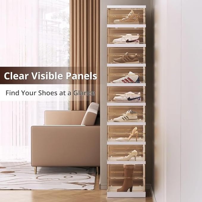 Foldable Collapsible Shoe Box Organizer Rack – 9 Tier Stackable Clear Sneaker Storage Boxes with Lids, Folding Shoe Cabinet Shelf, Plastic Portable Storage Bins with Easy Assembly for Closet Entryway