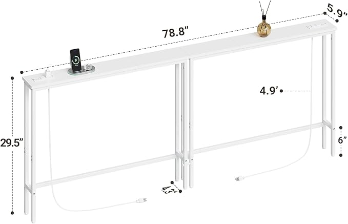 ELYKEN 2 Pack 5.9" Narrow Console Sofa Table with Power Outlets, Total 78.8” Long Behind Couch Table with Charge Station and 5.9’ Extension Cord for Living Room, 5.9" D x 78.8”W x 29.5”H, White