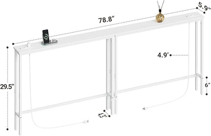 ELYKEN 2 Pack 5.9" Narrow Console Sofa Table with Power Outlets, Total 78.8” Long Behind Couch Table with Charge Station and 5.9’ Extension Cord for Living Room, 5.9" D x 78.8”W x 29.5”H, White