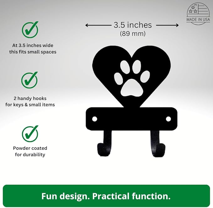 Miniature Dog Paw in Heart - Key Rack Holder (3.5 inches) - Made in USA
