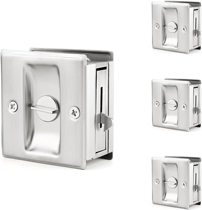 HOMOTEK 4 Pack Privacy Pocket Door Lock Hardware with Pull Pocket & Bi-Fold Door Hardware- Replace Old Or Damaged Sliding Door Locks, 2-3/4”x2-1/2”, for 1-3/8” Thickness Door, Brushed Nickel