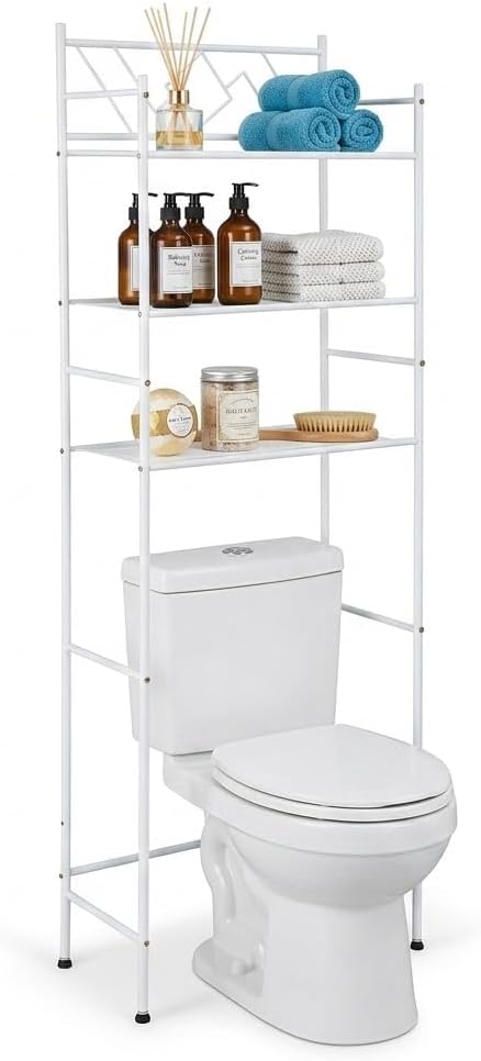 Home Zone Living Over-The-Toilet Bathroom Storage Organizer with 3-Tier Shelves and Adjustable Feet, Freestanding Steel Frame Design, White