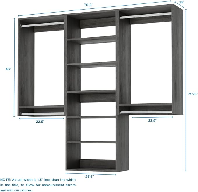 Modular Closets Vista Collection Closet Organizer System - 3 Piece Wall Mounted Kit with Hanging Rods & Shelves, Grey, Fits Closets 72” or wider