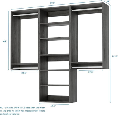 Modular Closets Vista Collection Closet Organizer System - 3 Piece Wall Mounted Kit with Hanging Rods & Shelves, Grey, Fits Closets 72” or wider