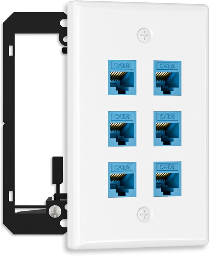 FGB 10Gbps Ethernet Wall Plate, 6 Port CAT6 Wall Plate and Jack, RJ45 Ethernet Wall Outlet with Single Gang Low Voltage Mounting Bracket
