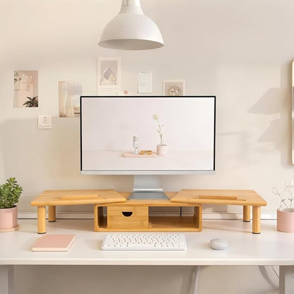 Dual Monitor Stand Riser with Drawer for Desk Laptop Desk Shelf with Adjustable Length and Angle, Bamboo Computer Stand Riser for 2 or 3 Monitors Screen Laptop PC TV -Natural