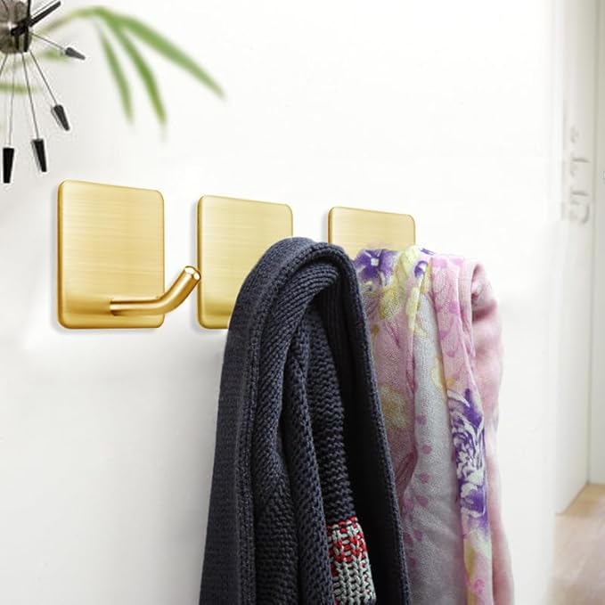FOTYRIG Golden Stainless Steel Square Self Adhesive Hooks - Extra-Long Anti-Slip with Upgraded Adhesive, Holds 15lb Heavy Duty Wall Hooks for Kitchen, Bathroom, Garage -4 Packs