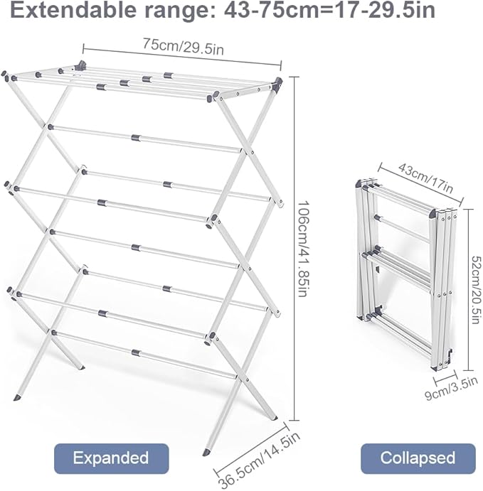 Foldable Clothes Drying Rack with 4 Hangers, Portable Extendable Laundry Drying Rack for Indoor Air Drying Clothing, 41"x29"x14", White