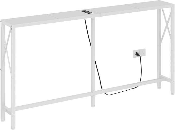 Console Table with Oulets and USB Ports, 55.1" Sofa Table Behind Couch, Industrial Long Skinny Stand for Hallway, Living Room, Bedroom, 6.5 Feet Power Cord, White