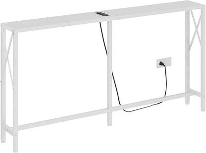 Console Table with Oulets and USB Ports, 55.1" Sofa Table Behind Couch, Industrial Long Skinny Stand for Hallway, Living Room, Bedroom, 6.5 Feet Power Cord, White