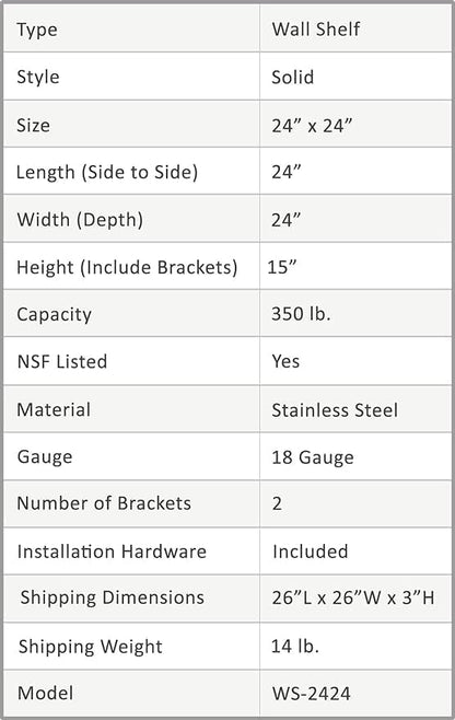 Stainless Steel Wall Shelf | Metal Shelving | Garage, Laundry, Storage, Utility Room | Restaurant, Commercial Kitchen | NSF Certified | (24” x 24”)