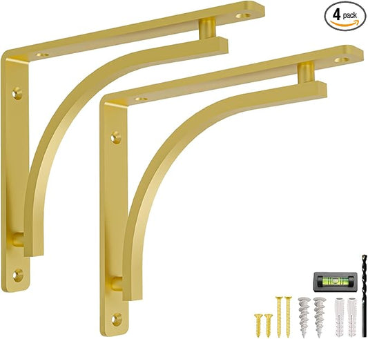 Classic Brass Heavy Duty Shelf Brackets 12 inch by Balin Designs – Gold L Bracket, Wall Mounted Support, Shelving Metal Bracket, Decorative Shelf Brackets, with Hardware Included, Set of 2