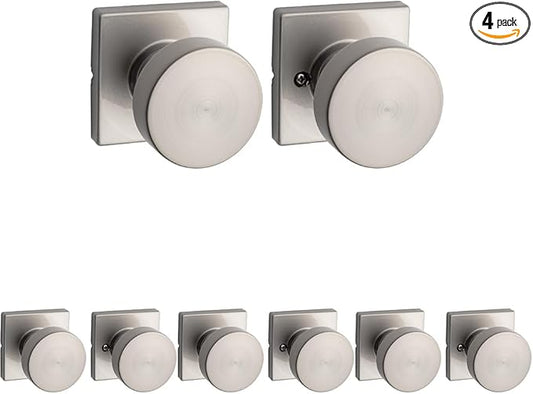 Kwikset Pismo Interior Passage Door Knob,Handle for Closet and Hallway Doors,Non-Locking Doorknob in Satin Nickel,with Microban Protection,(Pack of 4)