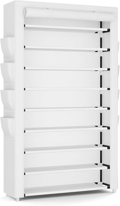 Shoe Rack with Cover, 10 Tier Shoe Organizer Storage for 40-50 Pairs Sneaker and Boots, Large Capacity, with 8 Pockets, Free Standing Tall Shoe Rack for Front Door Entrance, Closet, White