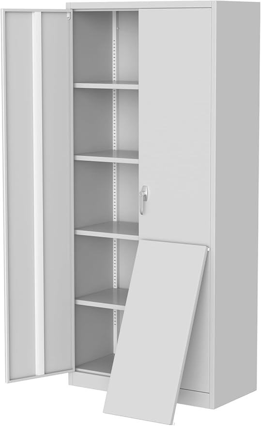 71" Metal Garage Storage Cabinet with 2 Doors and 4 Adjustable Shelves, Steel Lockable File Cabinet, Locking Tool Cabinets for Pantry, Garage, Office, Shop, Organization, Etc, White