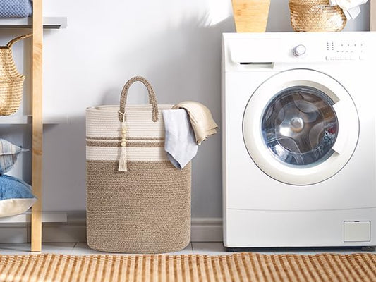 Woven Laundry Basket for Clothes, 80 L Large Rectangle Laundry Hampers with Beads Tassel, Nursery Storage Basket for Toys, Tall Dirty Clothes Hamper for Bedroom Aesthetic, Laundry Room Organization