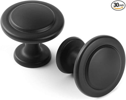 KOOFIZO Round Cabinet Knobs Matte Black Cabinet Pulls, Dia. 1-1/4 Inch, 30 Pack Black Drawer Knobs for Kitchen Cabinets 1960 Drawers Dresser Cupboard Bedroom Bathroom