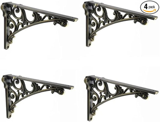 Decorative Shelf Bracket 12 inch Brushed Antique Brass Brackets for Shelving Solid Heavy Duty Vintage DIY Projects Hardware Included 4 Pack Heavy-Duty Shelf-Brackets