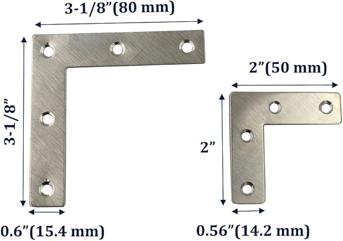 DGOL 24 Packs Two Sizes 3-1/8 inch and 2 inch L Stainless Steel Flat Corner Braces with Screw, Picture Photo Frame Angle Bracket