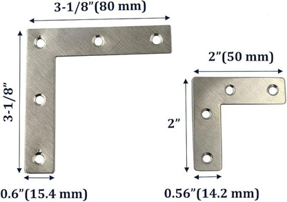 DGOL 24 Packs Two Sizes 3-1/8 inch and 2 inch L Stainless Steel Flat Corner Braces with Screw, Picture Photo Frame Angle Bracket