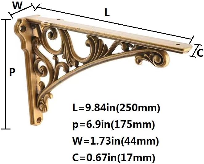 Decorative Shelf Bracket 10 inch, Antique Brass Shelf Brackets for Shelving, Heavy Duty Vintage, DIY Projects, Hardware Included, 2 Pack, 9.84x7x1.73 inch,Baroque Style