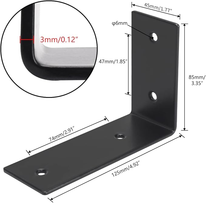 YUMORE L Brackets Heavy Duty, 5x3x1.8 Inch Stainless Steel Shelf Brackets Wall Mounted for Floating Shelves Industrial Farmhouse, Includes Hardware, Rustic Black, Pack of 4
