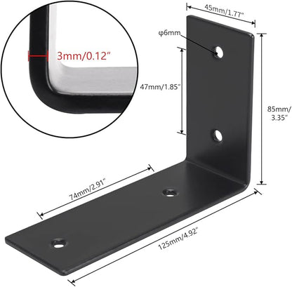 YUMORE L Brackets Heavy Duty, 5x3x1.8 Inch Stainless Steel Shelf Brackets Wall Mounted for Floating Shelves Industrial Farmhouse, Includes Hardware, Rustic Black, Pack of 4