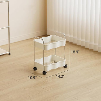 2 Tier Utility Rolling Cart with Wheels Under Desk Storage Cart Organizer with Handle for Home Kitchen Bathroom Office Organization White