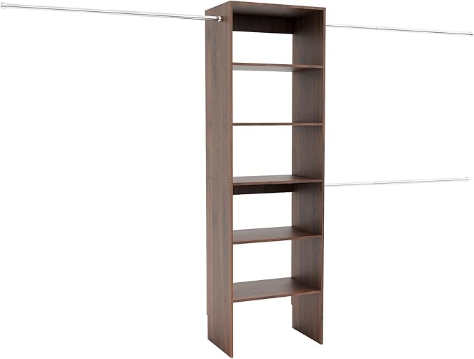 Wall-Mounted Closet Organizer System with Adjustable Shelves and Hanging Rods – Modern Open Wardrobe, Walnut