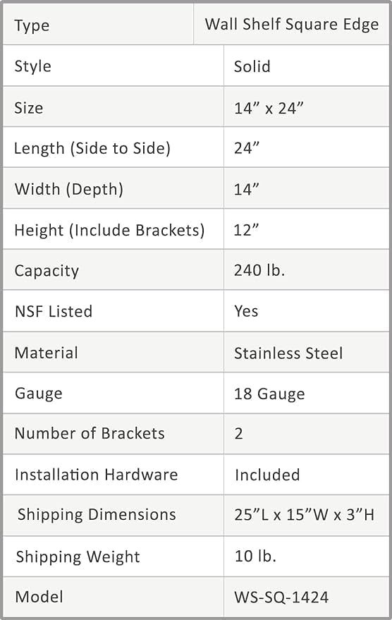 Stainless Steel Wall Shelf | Square Edge | Metal Shelving | Heavy Duty | Commercial Grade | Wall Mount | NSF Certified (14” Width x 24” Length)