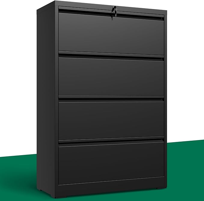 4 Drawer Lateral File Cabinet, Metal File Cabinets for Home Office with Lock, Large Filing Storage Cabinet Printer Stand, Steel Wide File Cabinet for Legal/A4/F4/Letter,Require Assembly, Black
