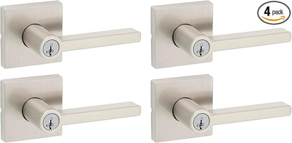Kwikset Halifax Entry Door Handle with Lock and Key, Secure Keyed Reversible Lever Exterior, for Front Entrance and Bedrooms, Satin Nickel, 4 Pack, Pick Resistant SmartKey Rekey Security and Microban