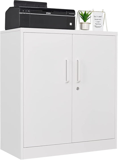 Metal Storage Cabinet with Lock, 36" Small Steel Locker Storage Cabinets, 2 Adjustable Shelves 2 Doors for Home, Office, Garage and Kitchen (White)