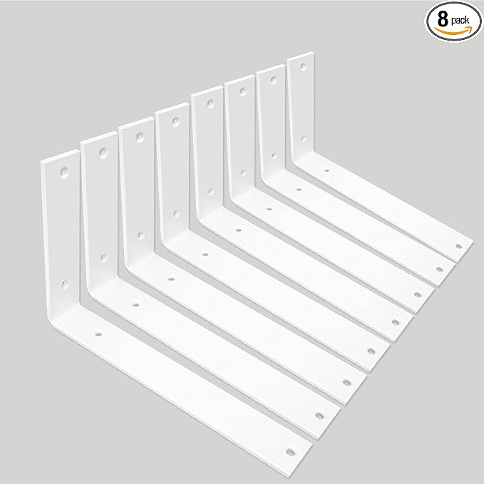 Shelf Brackets 10 Inch Wall L Brackets 8PCS Heavy Duty for Shelves Metal White Rustic Industrial Brackets for DIY Opening Shelves Project Hardware Included