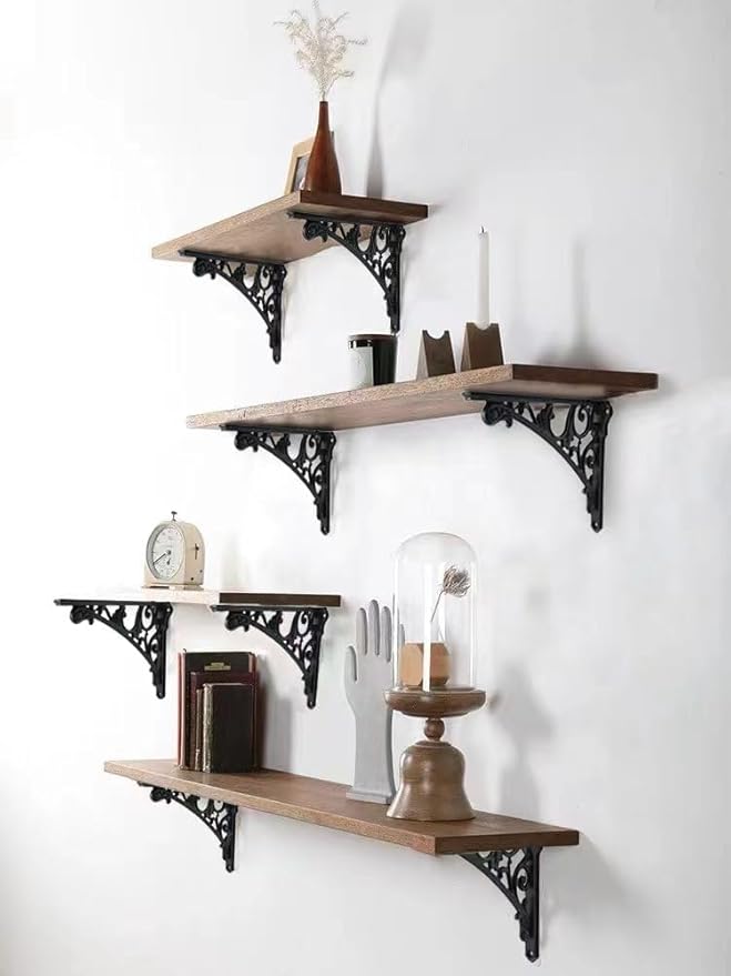 Decorative Shelf Bracket 8 inch, Black Brackets for Shelving, Heavy Duty Vintage, DIY Projects, Hardware Included, 4 Pack, 7.87x5.6x1.73 inch，Baroque Style