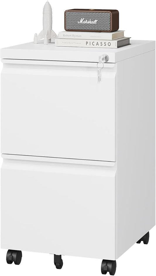 2 Drawer File Cabinet with Lock, Metal Under Desk Rolling Filing Cabinet fits Letter/Legal/A4 Size for Home Office, Mobile Filing Cabinets, Assemble Required, White