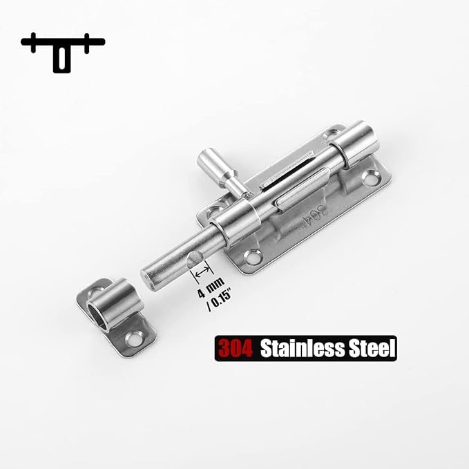 JQK Door Security Slide Latch Lock Barrel Bolt, 304 Stainless Steel Sliding Gate Latches Thickened 1.4mm with Padlock Hole, Silver, 4 Pack HBB120-P4