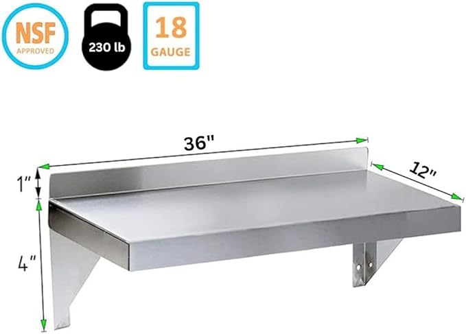 Stainless Steel Wall Shelf | Square Edge | Metal Shelving | Heavy Duty | Commercial Grade | Wall Mount | NSF Certified (12” Width x 36” Length)
