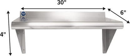 NSF Certified 18 Gauge Heavy Duty Stainless Steel Wall Shelf with Brackets for Kitchens, Utility Rooms, Storage, Offices & Home (30"x6")