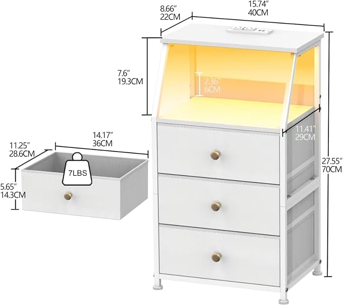 Tohomeor Dresser with Fabric Drawers Nightstand with 2 Tier Shelf Storage Tower for Bedroom Hallway Entryway Closet Organizer Sofa Beside Table Furniture (White, 3 Drawers)