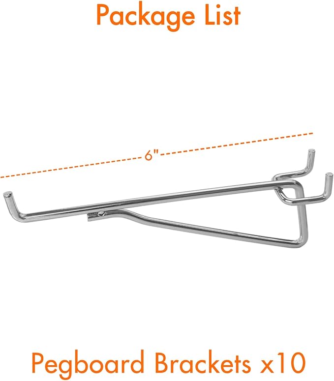 G.CORE Pegboard Shelf Hooks, 10-Pack 6" Silver Peg Board Brackets, 1/4" Peg Board Organizer Accessories, Peg Hooks Assortment Various Tools Storage Arrange System for Garage Craft Workshop Workbench