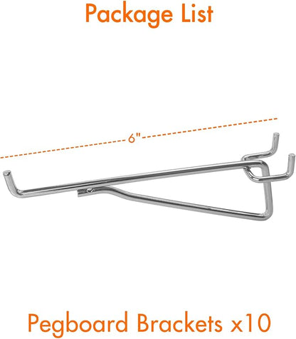 G.CORE Pegboard Shelf Hooks, 10-Pack 6" Silver Peg Board Brackets, 1/4" Peg Board Organizer Accessories, Peg Hooks Assortment Various Tools Storage Arrange System for Garage Craft Workshop Workbench