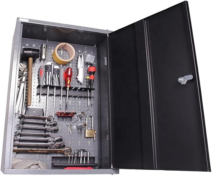 JZD Metal Storage Wall Mounted Lockable Cabinet with 22 Tool Hooks, for Garage Basement Workshop, Black & Gray