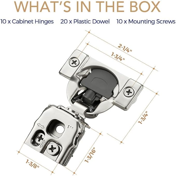 10 Pack 5 Pair 1 inch Overlay Soft Close Hinges for Kitchen Cabinet Hinges Satin Nickel Hidden Hinges Stainless Steel Concealed Hinge self Closing